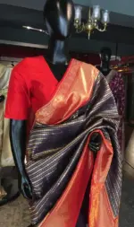 Navy Blue Banarasi Silk Saree highlighted with gold and silver zari weaves - Image 4