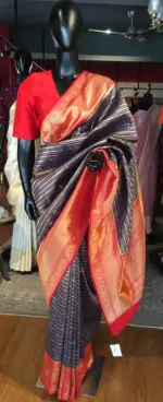 Navy Blue Banarasi Silk Saree highlighted with gold and silver zari weaves - Image 3