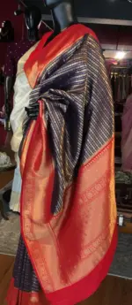 Navy Blue Banarasi Silk Saree highlighted with gold and silver zari weaves - Image 2