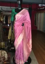 Onion pink Dola Silk Saree highlighted with Gold Zari Border - Image 7