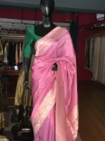 Onion pink Dola Silk Saree highlighted with Gold Zari Border - Image 2