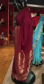 Burgundy  Dola Silk Saree highlighted with Gold Zari Border - Image 3
