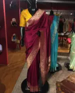 Burgundy  Dola Silk Saree highlighted with Gold Zari Border - Image 2