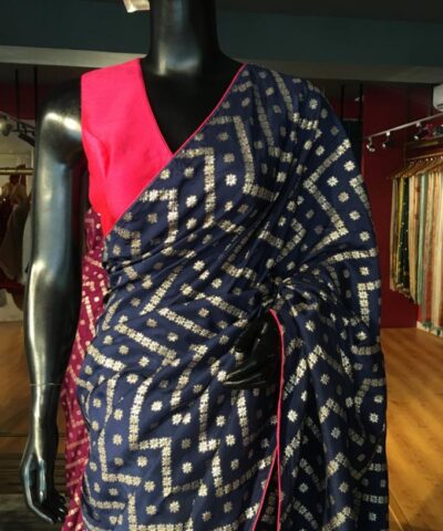 Navy Blue Dola Silk Saree highlighted with Zari Weaves