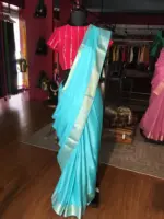Blue Dola Silk Saree highlighted with Gold Zari Border - Image 3