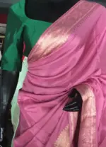 Onion pink Dola Silk Saree highlighted with Gold Zari Border - Image 3