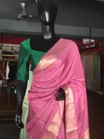 Onion pink Dola Silk Saree highlighted with Gold Zari Border - Image 4