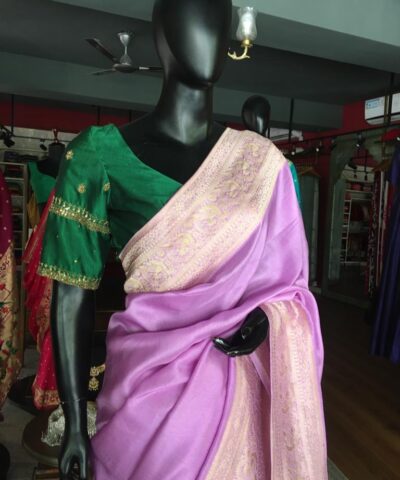 Lilac Dola Silk Saree highlighted with Gold Zari Border