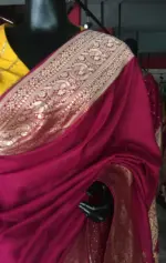 Burgundy Dola Silk Saree highlighted with Gold Zari Border - Image 6