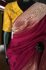 Burgundy Dola Silk Saree highlighted with Gold Zari Border - Image 5