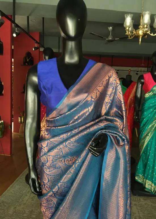 Blue Banarasi Silk Saree with Beautiful Gold Zari Weaves