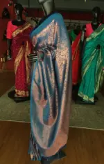Blue Banarasi Silk Saree with Beautiful Gold Zari Weaves - Image 2