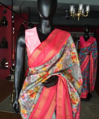 Multicoloured Printed Banarasi Silk Saree highlighted with contrast border