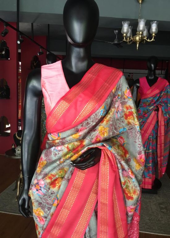 Multicoloured Printed Banarasi Silk Saree highlighted with contrast border