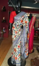 Off White Printed Banarasi Silk Saree highlighted with contrast border - Image 3
