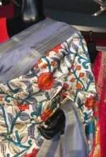 Off White Printed Banarasi Silk Saree highlighted with contrast border - Image 4