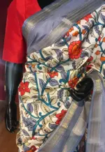 Off White Printed Banarasi Silk Saree highlighted with contrast border - Image 5