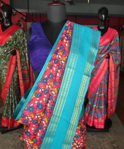 Multicoloured Printed Banarasi Silk Saree highlighted with contrast border