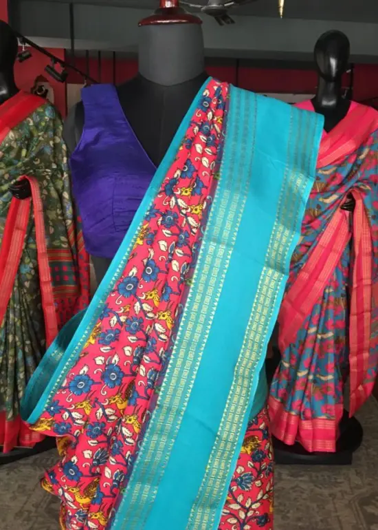 Multicoloured Printed Banarasi Silk Saree highlighted with contrast border