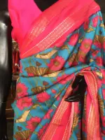 Blue Printed Banarasi Silk Saree highlighted with contrast border - Image 5