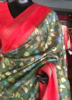 Green Printed Banarasi Silk Saree highlighted with contrast border - Image 6