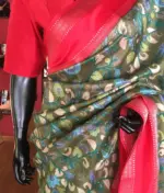 Green Printed Banarasi Silk Saree highlighted with contrast border - Image 5
