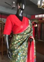 Green Printed Banarasi Silk Saree highlighted with contrast border - Image 7