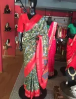 Green Printed Banarasi Silk Saree highlighted with contrast border - Image 3