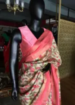 Off white Printed Banarasi Silk Saree highlighted with contrast border - Image 4