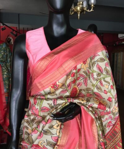 Off white Printed Banarasi Silk Saree highlighted with contrast border