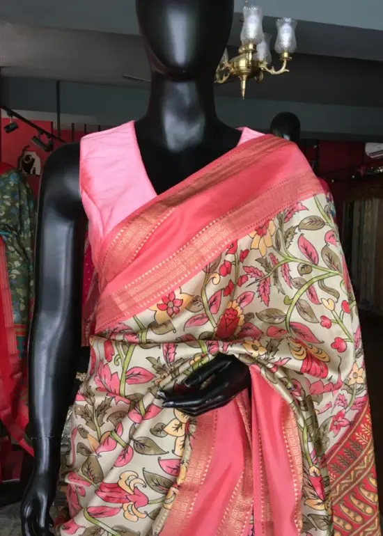 Off white Printed Banarasi Silk Saree highlighted with contrast border