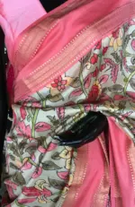 Off white Printed Banarasi Silk Saree highlighted with contrast border - Image 6