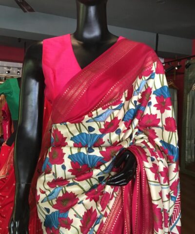 Off white Printed Banarasi Silk Saree highlighted with contrast border