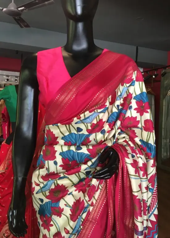 Off white Printed Banarasi Silk Saree highlighted with contrast border