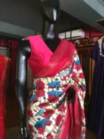 Off white Printed Banarasi Silk Saree highlighted with contrast border - Image 4