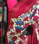 Off white Printed Banarasi Silk Saree highlighted with contrast border - Image 5