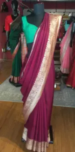 Burgundy Dola Silk Saree highlighted with Gold Zari Border - Image 2