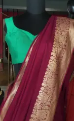 Burgundy Dola Silk Saree highlighted with Gold Zari Border - Image 5