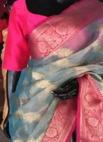 Blue Tissue Silk Saree with Gold zari weaves - Image 5