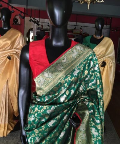 Green Banarasi Silk Saree with Beautiful Meenakari Weaves in Vanasingaram Design