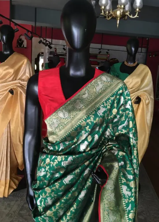 Green Banarasi Silk Saree with Beautiful Meenakari Weaves in Vanasingaram Design