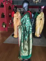 Green Banarasi Silk Saree with Beautiful Meenakari Weaves in Vanasingaram Design - Image 3