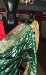 Green Banarasi Silk Saree with Beautiful Meenakari Weaves in Vanasingaram Design - Image 5