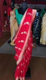 Red Dola Silk Saree highlighted with Gold Zari Border - Image 2