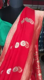 Red Dola Silk Saree highlighted with Gold Zari Border - Image 6