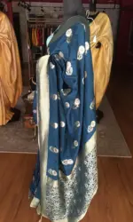 Cobalt Blue Dola Silk Saree Highlighted With Gold Zari Border - Image 3
