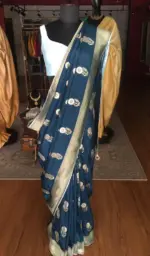 Cobalt Blue Dola Silk Saree Highlighted With Gold Zari Border - Image 2