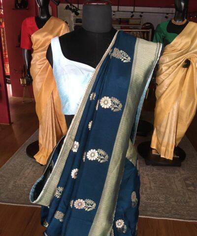 Cobalt Blue Dola Silk Saree Highlighted With Gold Zari Border