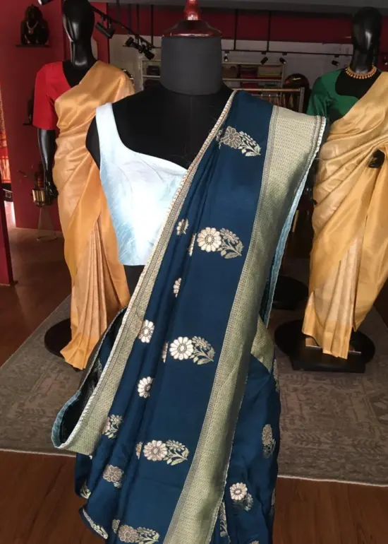 Cobalt Blue Dola Silk Saree Highlighted With Gold Zari Border