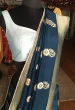 Cobalt Blue Dola Silk Saree Highlighted With Gold Zari Border - Image 5
